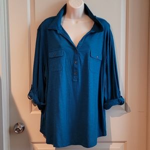 Faded Glory Turquoise pullover stretch top breast pockets roll tab sleeves
